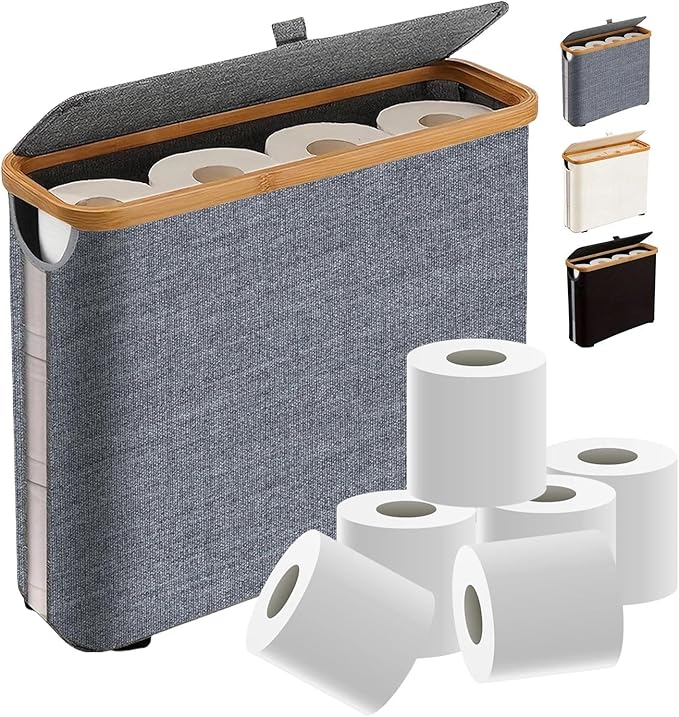 Toilet Paper Roll Storage, Bathroom Slim Toilet Paper Storage with Lid for 12 Rolls, Ultimate Bathroom Organizer with Anti-Slip Base, 17.8" x 6" x 13.8", Grey
