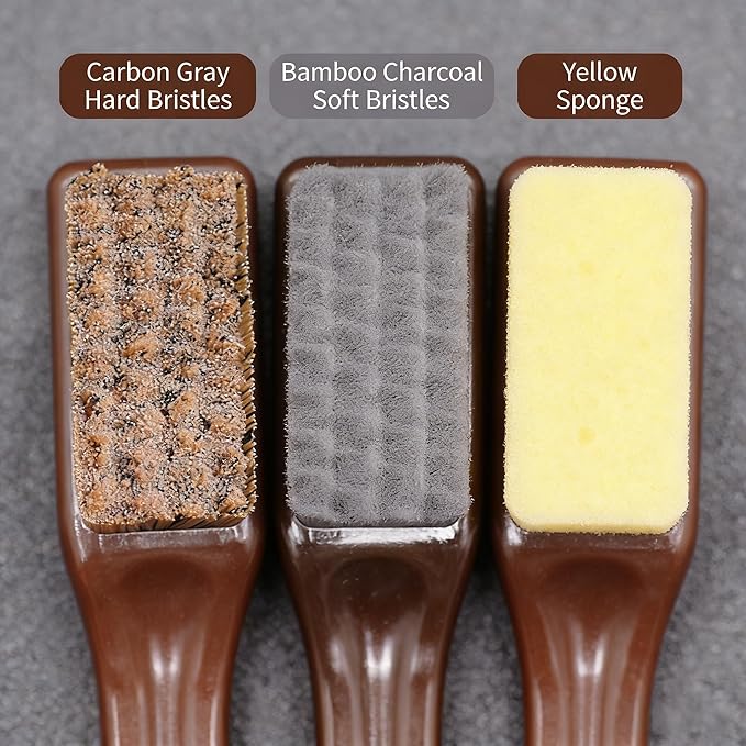 Multi-Purpose Cleaning Brush Set with Carbon Gray Hard Bristles, Bamboo Charcoal Soft Bristles, and Yellow Sponge, 3 Pack Small Detail Brushes for Collectibles, Toys, and Crevices