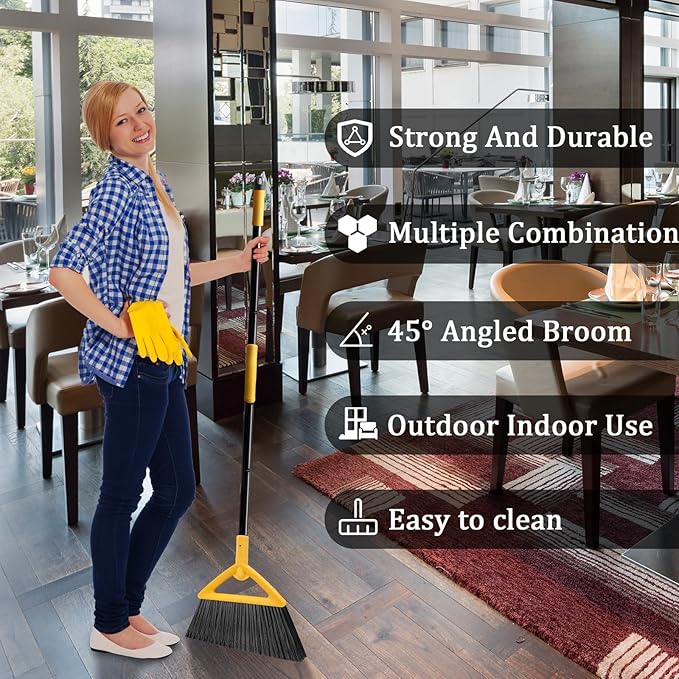 Heavy Duty Angle Broom - Yellow Broom for Outdoor & Indoor, Garage, Driveway, Sidewalk, Kitchen & More, Long Handle
