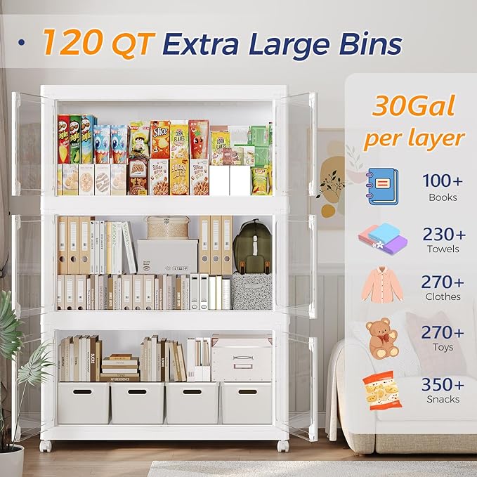 600Qt Stackable Storage Bins with Lid and Wheels, 150Gal Plastic Closet Organizer and Storage Drawer, Large Collapsible Storage Box Cabinet with Clear Door for Home Kitchen Office, 5Pack White