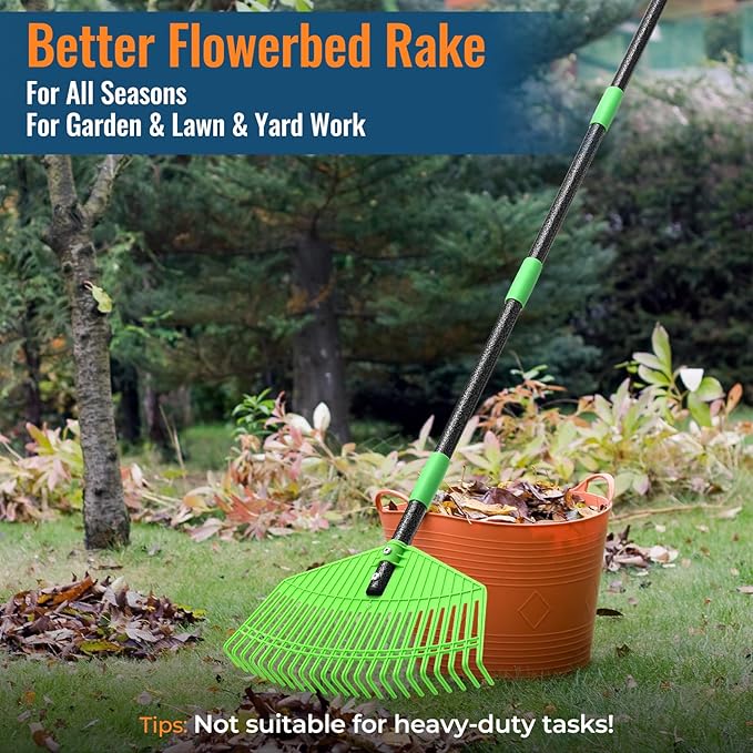 Ultra-Lightweight Leaf Rake, 16.5" Wide Head & 59" Comfort Grip Handle, Gentle Flexible Tines for Safe Use on Grass, Perfect for Yard Cleanup in Flower Beds and Narrow Areas