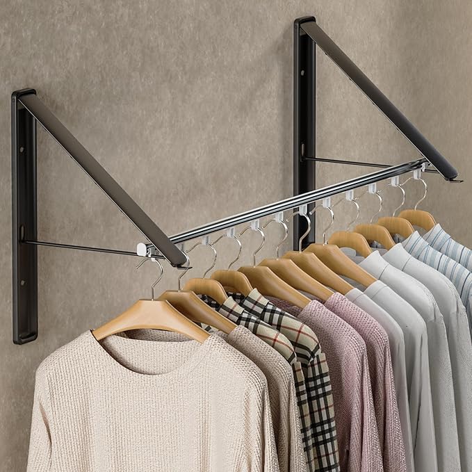 Dr.DJ Clothes Drying Rack with Rod, Wall-Mounted Retractable & Foldable Clothes Hanger for Laundry Room Organization and Storage, Metal Clothes Hanger Rack for Dorm, Closet, Balcony 2Rack, 1Rod Black