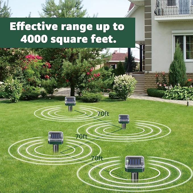 Solar Powered Mole Repellent, 4 Pack Ultrasonic Gopher Vole Deterrent Outdoor - Waterproof Sonic Spikes for Lawn, Garden & Yard - Repels Rats Squirrels Skunks Chipmunks Groundhogs Snakes & Rodents