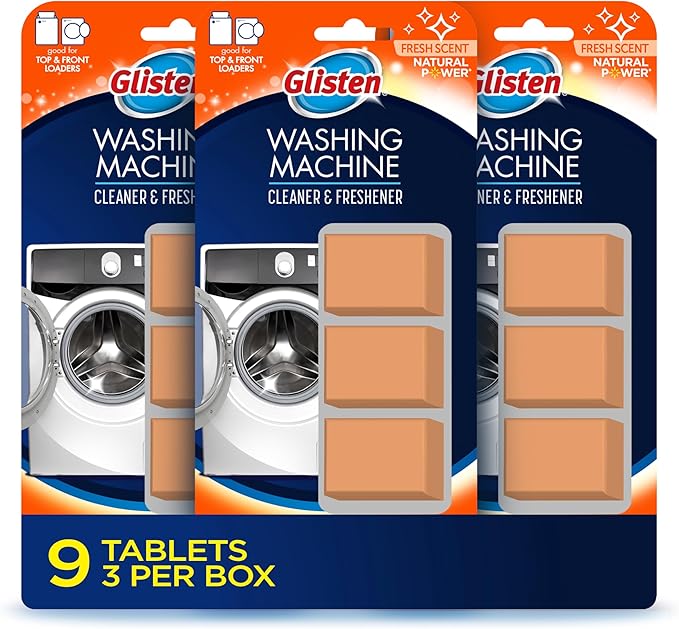 Glisten Washing Machine Cleaner and Freshener Deodorizer for All Top Load and Front Load Washers and HE Machines, Made in the USA, Fresh Scent, 9 Tablets