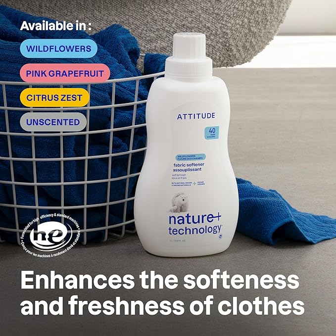ATTITUDE Liquid Fabric Softener, Plant-Based & Vegan, HE Compatible, Naturally Derived, Unscented, 40 Loads, 33.8 Fl Oz (Pack of 6)