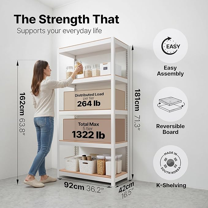 HOMEDANT House 36.2" W 5 Tier Heavy Duty Garage Shelving Adjustable Metal Rack Storage Shelves Standing Shelf Unit Organizers Pantry Closet Office White 1Pack