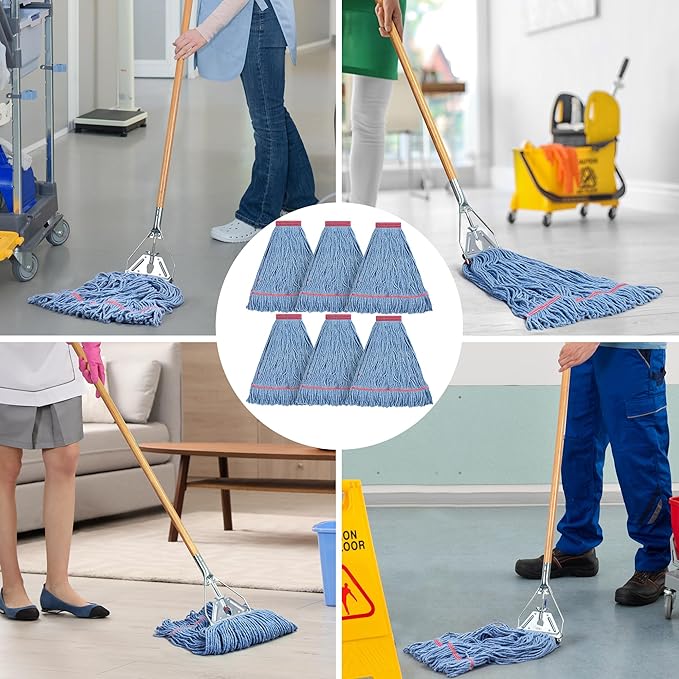Matthew Cleaning 20oz Heavy Duty Mop Head Commercial Replacement for General and Floor Cleaning, Wet Industrial Blue Cotton Looped End String Head Refill (Pack of 6) Blue