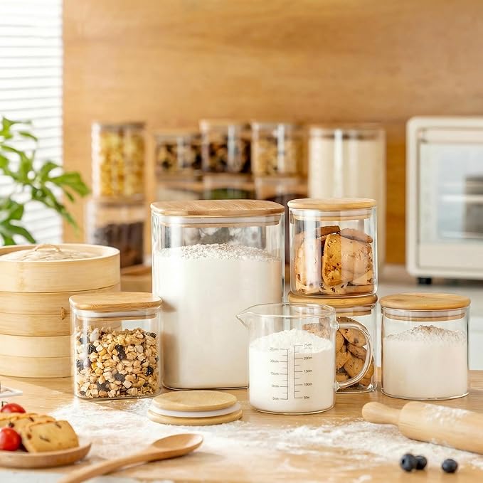 Extra Large Square Glass Flour & Sugar Storage Containers with Airtight Lids, 168oz & 84oz - 2 Pack Glass Jars with Bamboo Lids, Air tight Pantry Food Storage Containers for Cereal, Pasta, Rice