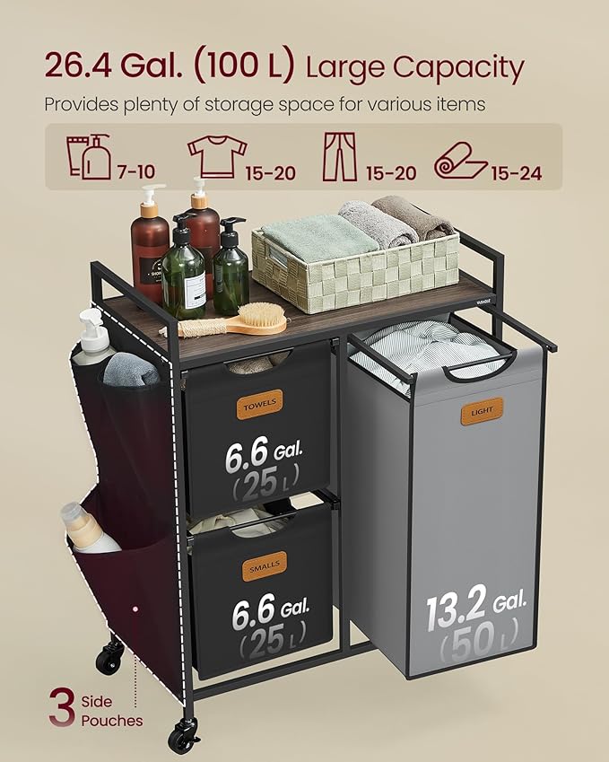 VASAGLE Laundry Hamper with 3 Compartments, 26.4 Gal. (100 L) Laundry Sorter, Rolling Laundry Cart with Shelves, Small Side Pockets, 6 Labels, Chestnut Brown, Ink Black and Dove Gray UBLH202B01