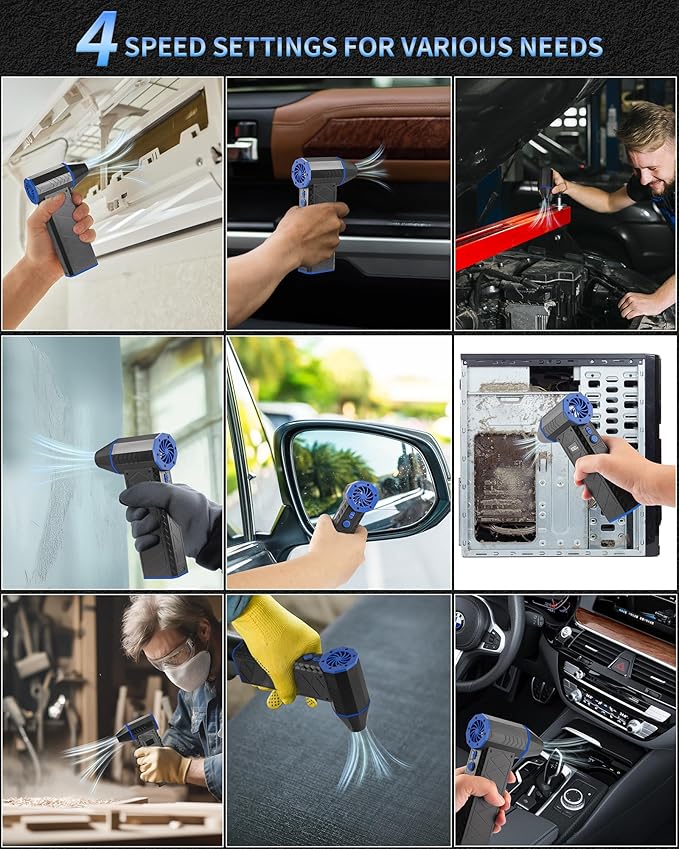 Compressed Air Duster- 4 Speeds Adjustable Electric Air Duster with Digits Display LED Lights,One Charge for 100 Mins, Rechargeable Cordless Air Blower for Keyboard, PC, Car, Home and Outdoor