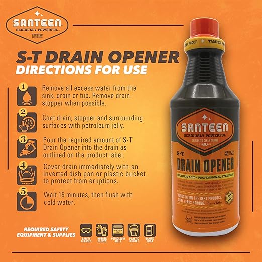 Santeen S‑T Drain Opener – Professional Strength Liquid Drain Cleaner for Sinks, Toilets & Showers – Dissolves Grease & Organic Buildup – PVC & Septic Safe – Case of 6 (32 oz)