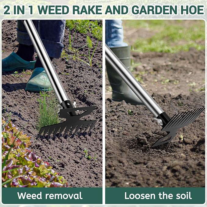 Weed Puller Tool with Long Handle, 2 in 1 Manual Weed Rake and Garden Hoe, 11 Tooth Weed Remover Tool, Hoe Garden Tool, Uprooting Weeding Tool for Yard, Lawn, Patio and Garden