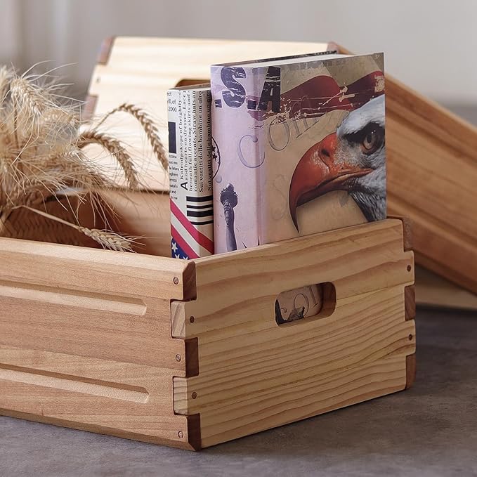 2 Pack Wooden Storage Bins of 16"x12"x6.25".Durable Open Solid Wood Box w/ Handles.Farmhouse Container Shelf Baskets. Multipurpose Home Décor Organizer Crates for Display,Pantry,Book,CD