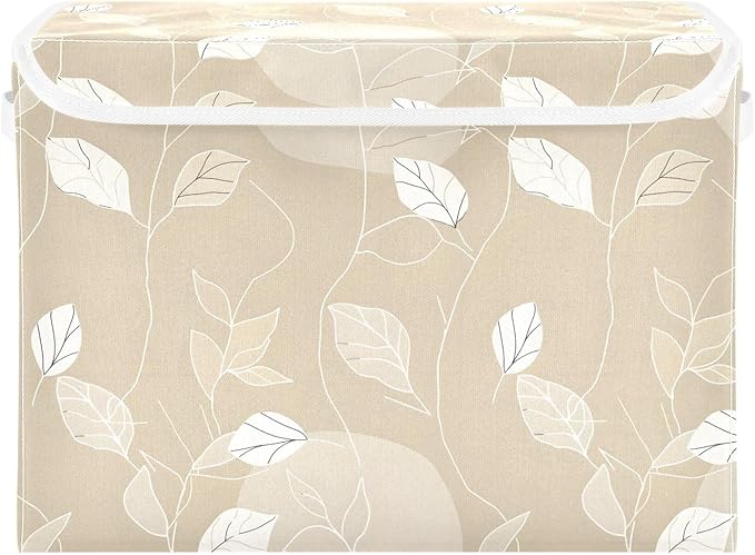 Large Storage Bins with Linen Collapsible Foldable Storage Cubes Fabric Closet Organizer Containers box with Flip-Top Lid for Home Bedroom Office 16.7 x 12.6 x 11.8in (White Line Leafs Ink Beige)