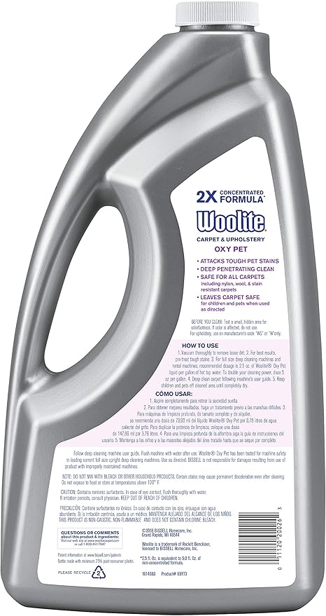Woolite OXY PET Carpet & Upholstery Cleaning Solution, for use in leading upright carpet cleaners, 60oz, Removes tough pet messes