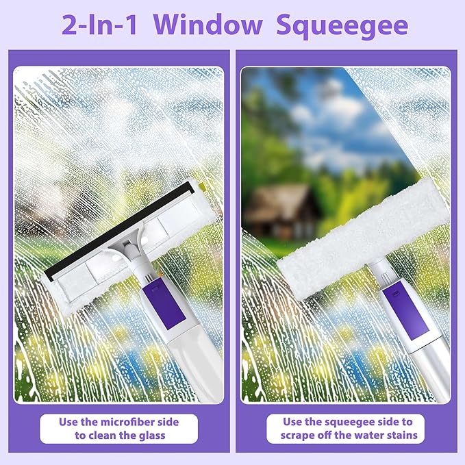 Spray Window Squeegee with 60" Extension Pole, Window Cleaning Squeegee Kit- 2-In-1 Squeegee Scrubber, 3 Microfiber Cleaning Pad&400ML Refill Bottle, Multi-Use Squeegee for Home Shower Car Windshield.