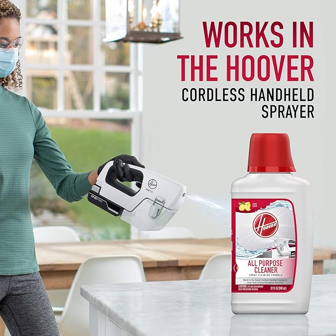 Hoover All Purpose Cleaner Solution, 32 oz., Lemon Scent, For Use on Hard Floors, Counters, Tubs and More, Formulated for Cordless Handheld Sprayer