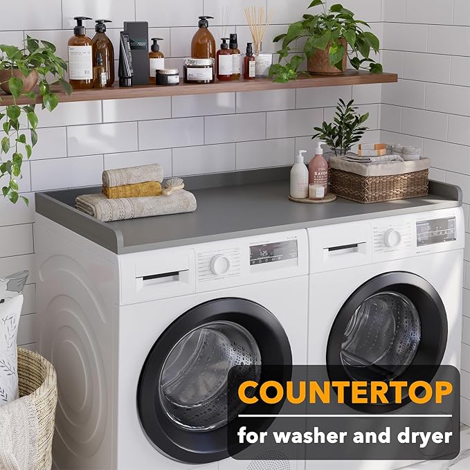 SpaceAid Washer Dryer Countertop, Laundry Wood Shelf Topper with Edge, 54" Width x 27.5" Depth Cover Guard Organizer for Washer and Dryer Laundry Hamper Counter Storage Organization (Gray)