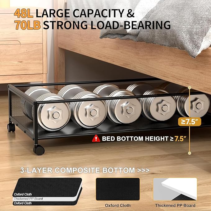 Under Bed Storage Containers with Wheels Large Underbed Shoes Blankets Clothes Toy Storage Drawers for College Dorms Bedrooms Nursery Rooms Organization (Black 2 Pack, 7.5in height(31"x16.6"x7.48"))