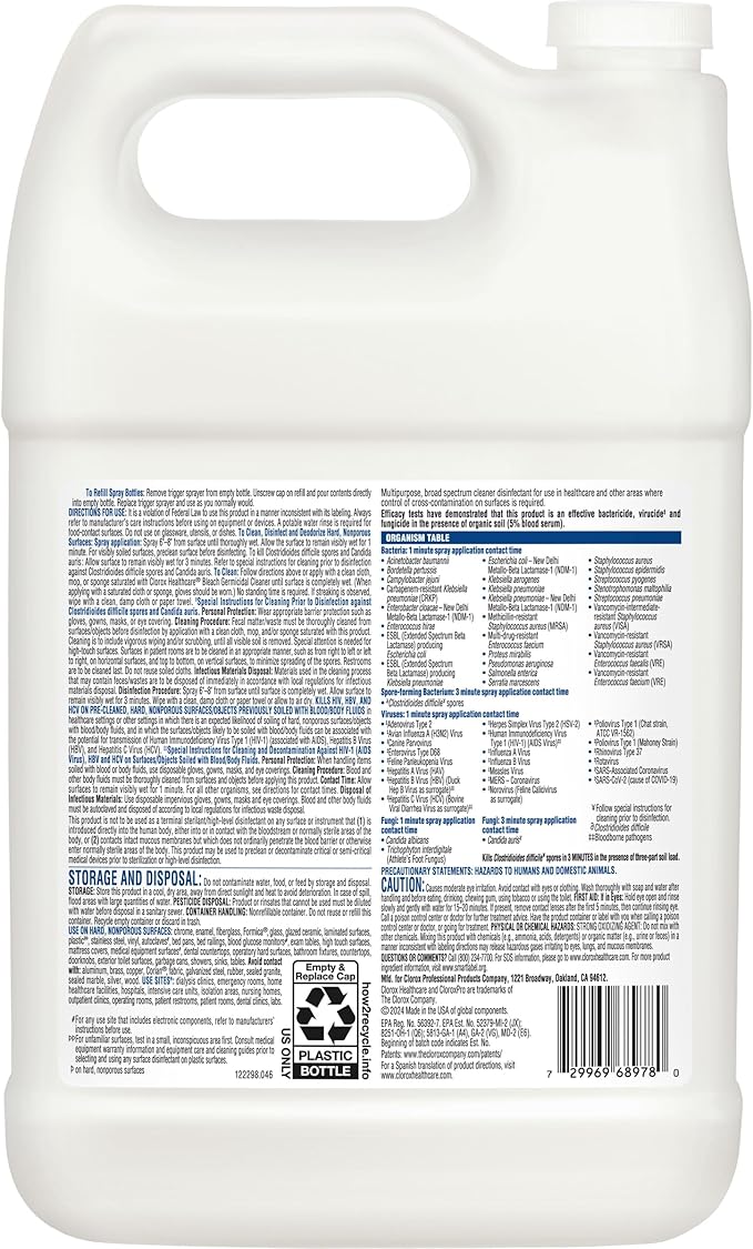 Clorox Healthcare Bleach Germicidal Cleaner Refill, 128 Fluid Ounces, Pack of 4 (Package May Vary)