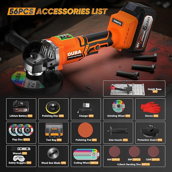 Cordless Angle Grinder Compatible for Dewalt 20V Max Battery, 3 Variable Speed, Brushless Motor with LED, Power Angle Grinder Tool Stand, Flap Disc Grinding,1x 4.0Ah Battery& Fast Charger, Orange