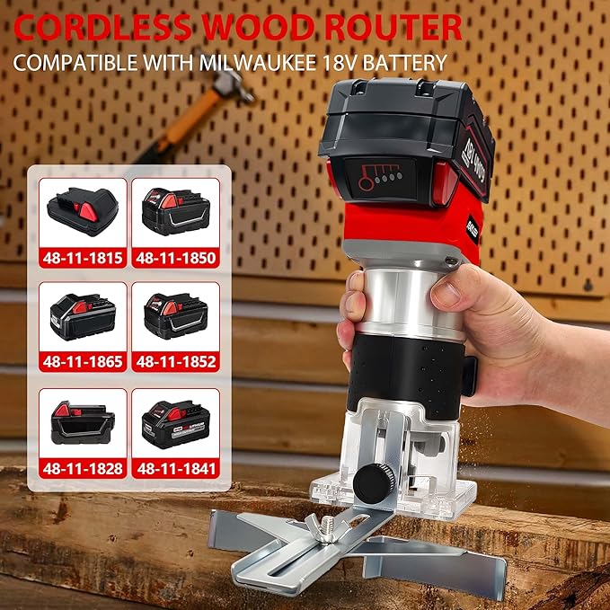 Cordless Wood Router Trimmer Compatible With MILWAUKEE 18V Battery, 800W 30000 RPM Brushless Motor Hand Palm Router with 15pcs 1/4"Shank Router Bits for Woodworking,Slotting(NO Battery)