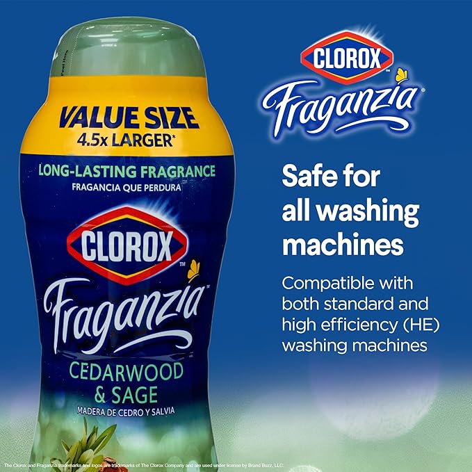 Clorox Fraganzia Laundry Scent Booster Crystals, In-Wash Fragrance Beads for Fresh-Smelling Clothes & Linens, Safe for All Fabrics & Colors, Easy-Pour Bottle, Cedarwood & Sage, 70 Oz