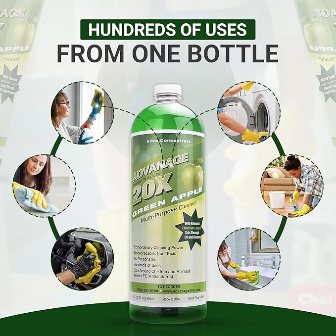 Advanage 20X All Purpose Cleaner Concentrate – Green Apple Eco-Friendly Heavy Duty Degreaser, Multisurface Cleaner for Bathroom, Kitchen, Floors, Household Cleaning Supplies, Made in USA, 32 Fl Oz