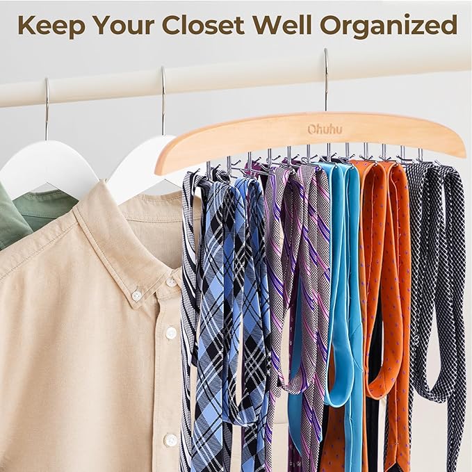 Ohuhu 24-Hook Wooden Tie Rack Organizer - Space Saving Closet Hanger with 360° Rotating Hooks, Anti-Slip Clips for Ties, Belts, Scarves - Premium Hardwood & Rustproof Steel Construction