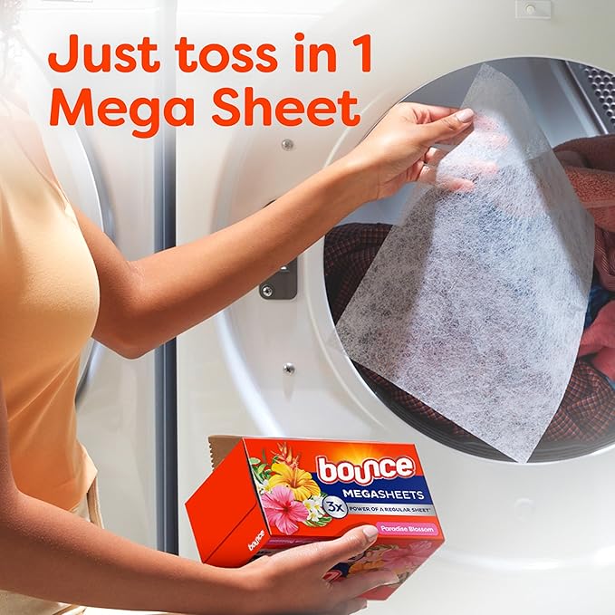Bounce Mega Dryer Sheets, Paradise Blossom, 180 Count, Mega Fabric Softener Sheets with Static Control, Wrinkle Reduction, Extra Softness, Lasting Scent, Repels Lint