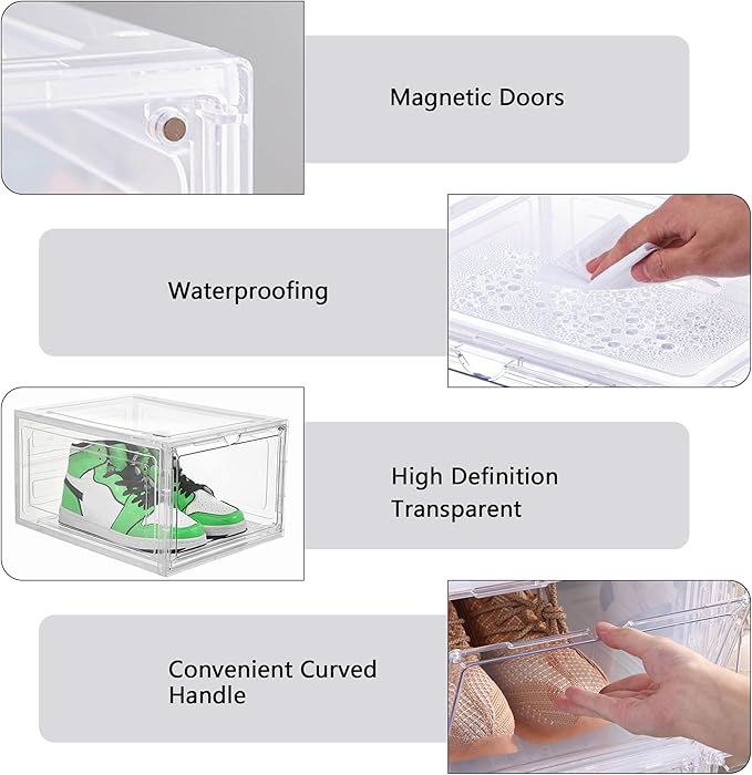 Attelite Upgrade 12pack Shoe Box Storage Containers,Thicken Sturdy Clear Stackable Plastic Shoe Organizer Box with Magnetic Door, X-Large Drop Front Shoe Box
