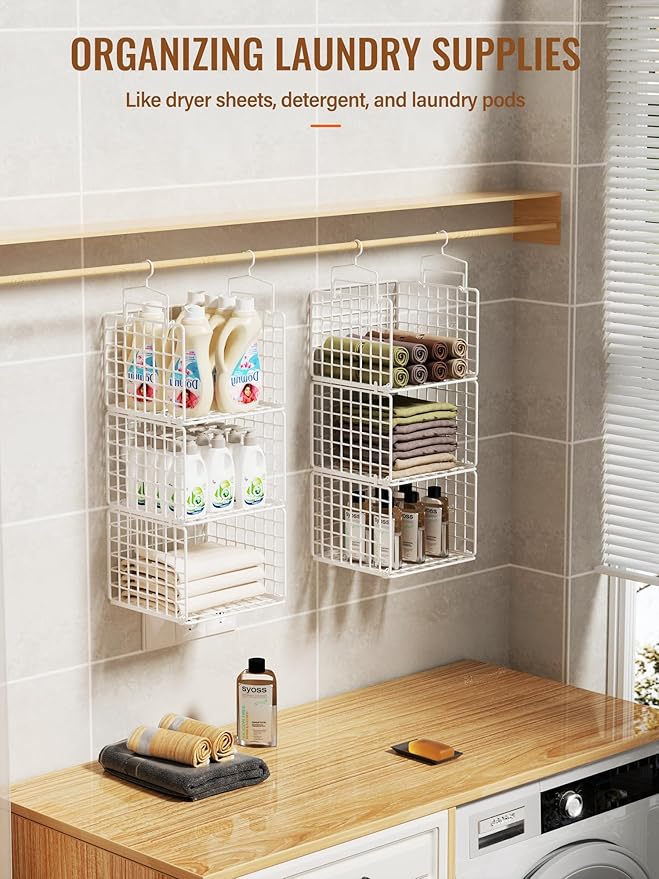 6 Tier Closet Hanging Organizer, Metal Closet Organizers and Storage with 4 Hanging Hooks 4 S-Hooks for Wardrobe Laundry Room, Wire Storage Shelf for Clothes Sweaters Pants (White)