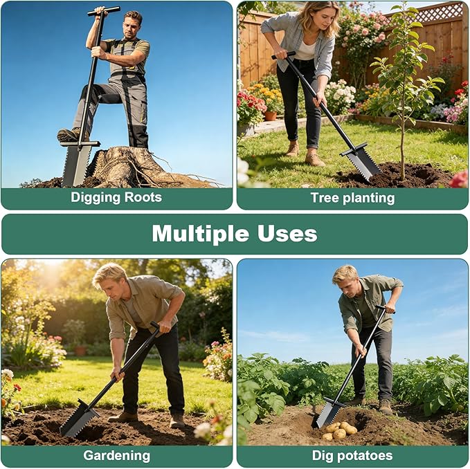 Metal Detecting Shovel 39inch Spade Shovel Lightweight Metal Detector Shovel Effortless Cutting Root Slayer Shovel Serrated Shovels for Digging, Treasure Hunting, Garden Transplanting, Trenching