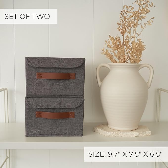 Decorative Linen Storage Boxes with Lids - Spacious Set of 2 Organizer Bins for Your Home Decor - The Perfect Small Container to Safely Store Photos, Documents and Memory Box Keepsakes in Style