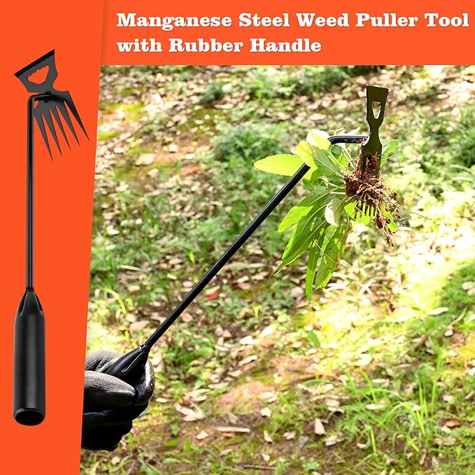 Weed Puller Tool Garden Weed Pulling Tool, 4-Tine Manganese Steel Weeder Tool - Black Coated Forged Portable Garden Hand Weeder for Farm, Orchard & Garden (2Pack)