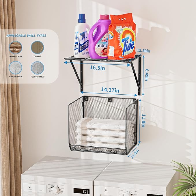 2 Pack Laundry Room Shelves Organization and Storage,Wall Mounted Clothes Drying Rack with Wire Mesh Basket Over Washer and Dryer, (Black, 2 Pack)