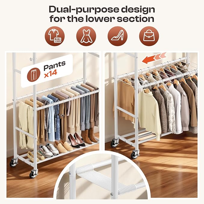 Clothes Racks for Hanging Clothes, Rolling Clothing Rack with Pants Rack, Side Hooks & Shoe Shelf, Portable Garment Rack for Bedroom, Laundry Room, Clothing Store, Closet, White