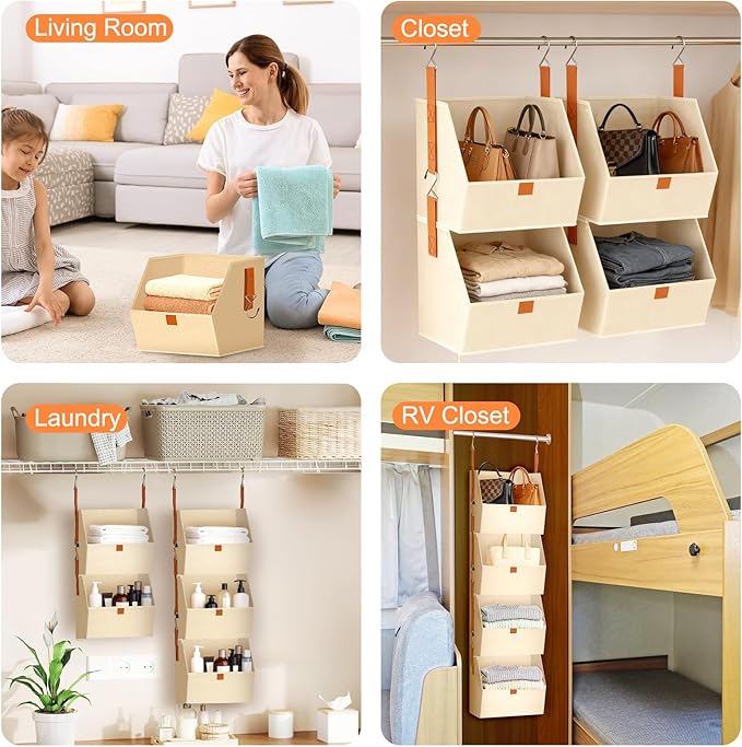 MSJGA 4-Tier Hanging Closet Organizer and Storage with Detachable Bins, Fabric Hanging Shelves for Closet, Dorm, Rv, Space-Saving Collapsible Basket for Handbags, Clothes (47” H)