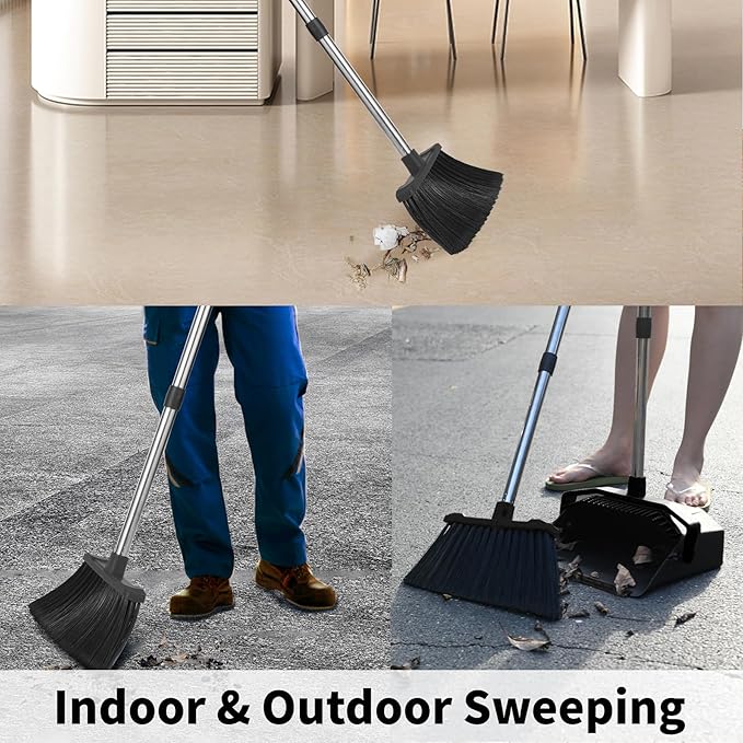 3-Pack Upright Broom with Dustpan Combo Set, Commercial Broom and Dustpan Set, Industrial Brooms and Dust Pan with Long Handle for Restaurant Kitchen Shop Warehouse Lobby Garage - Black