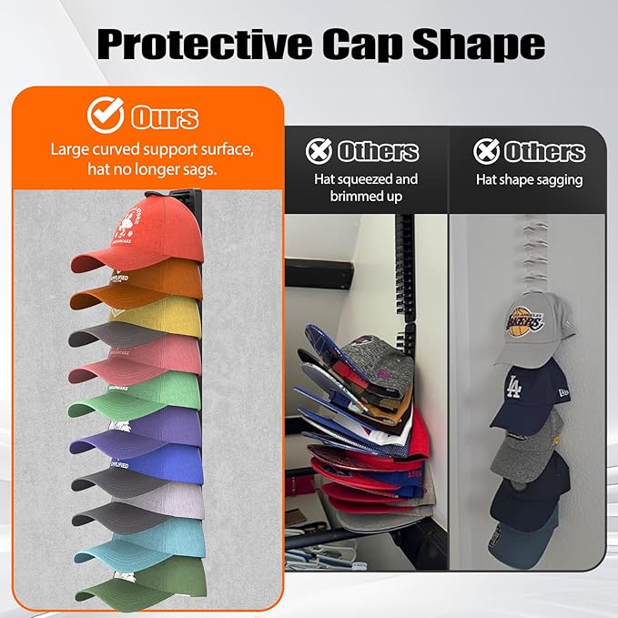 Hat Organizer for Baseball Caps, 1 Pack Hat Rack for Wall, Strong Adhesive Hat Storage Display Holder(Rainbow)