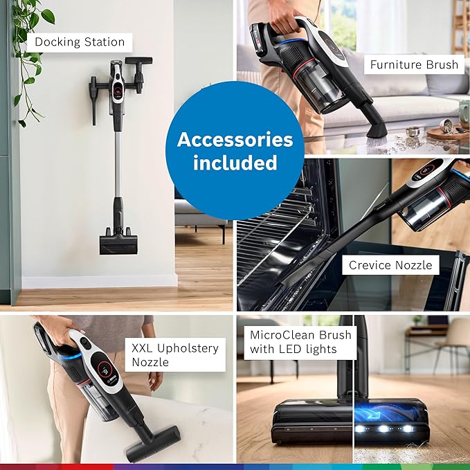 Bosch Unlimited 9 Cordless Stick Vacuum, 60-min Runtime, MicroClean Technology, >99.9% Dust Pickup, Dust Compression, HEPA Filter, Pet Hair, Carpets & Hard Floors, 3 Accessories, White