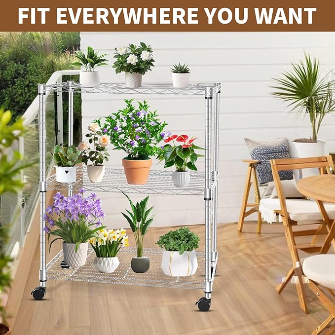 Whitmor 3 Tier Storage Shelving, Heavy Duty with Wheels, Adjustable Steel Organizer, 400 lbs Capacity per Shelf, Max 1200 lbs Total for Garage, Kitchen, Bathroom, 20" L x 14" W x 24" H, Chrome