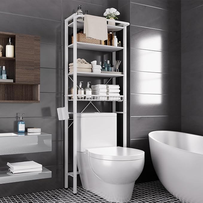 GRUSIGN Over-The-Toilet Storage Shelf, 4-Tier Bathroom Organizer Shelf, Freestanding Space Saver Shelves Over Toilet with Adjustable Shelf for Bathroom, White