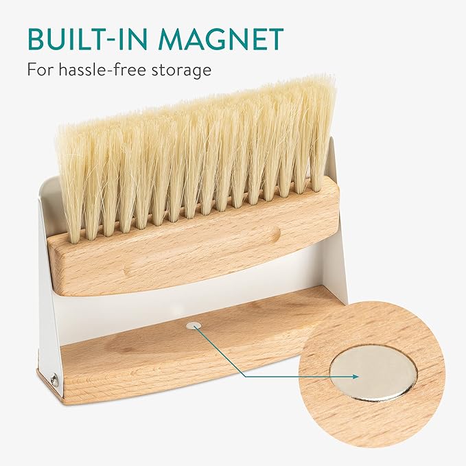 Navaris Small Dustpan and Brush Set - Wooden Mini Dustpan and Compact Horsehair Brush for Sweeping Table and Countertop - White