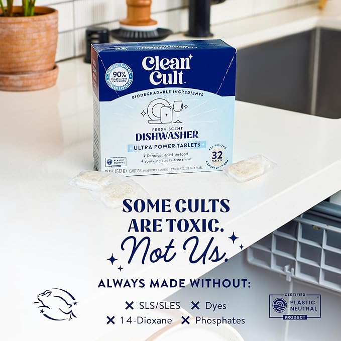 Cleancult Ultra Power Dishwasher Detergent Pods for Sparkling Streak-Free Shine, All-In-One, No Plastic Waste, 96 Count