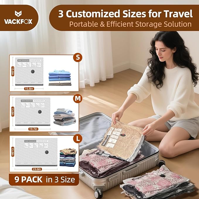 Travel Vacuum Storage Bags, 9 Pack Carry-On Size for Luggage and Suitcase, Vacuum Storage Bags, Vacuum for Bags Storage, Space Saver for Clothes & Clothing - 80% Space Saver(No pump)