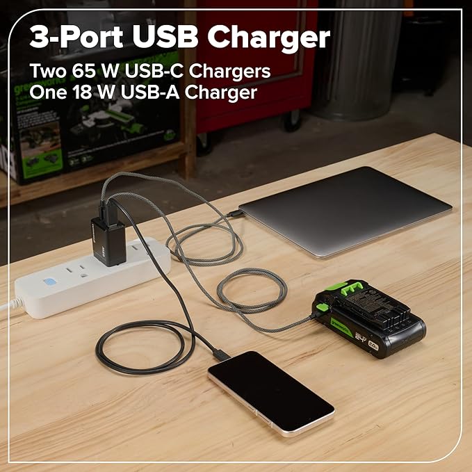 Greenworks 24V Cordless Brushless 400 in-lbs Drill/Driver+1950 in-lbs Impact Driver Combo,High Torque, Lightweight, (2) 2.0Ah USB-C Batteries(12,000mAh Power Bank) and 65W USB-C Fast Charger(3-Port)