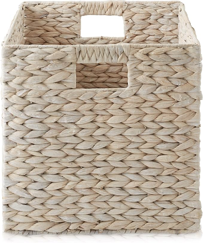 Casafield 12" x 12" Hyacinth Storage Baskets, Whitewash - Set of 2 Storage Organizers, Woven Wicker Cubes for Bathroom, Bedroom, Laundry, Shelves