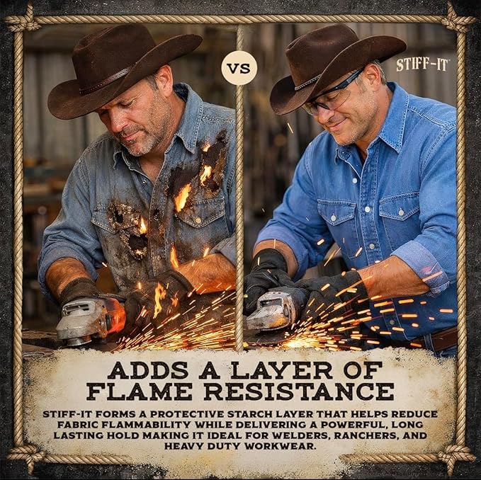 Stiff-it Western Cowboy Starch for Crisp and Clean Denim - Patent Formula with Leather Scent, Easy-Pour Design, and Winkle-Free Jeans (1)