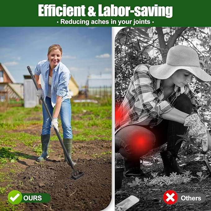 2-in-1 Garden Hoe Tool, Adjustable Length from 37 to 48inch, Ergonomic Design for Weeding and Raking, Durable and Rust-Proof Blade, Save Time and Effort